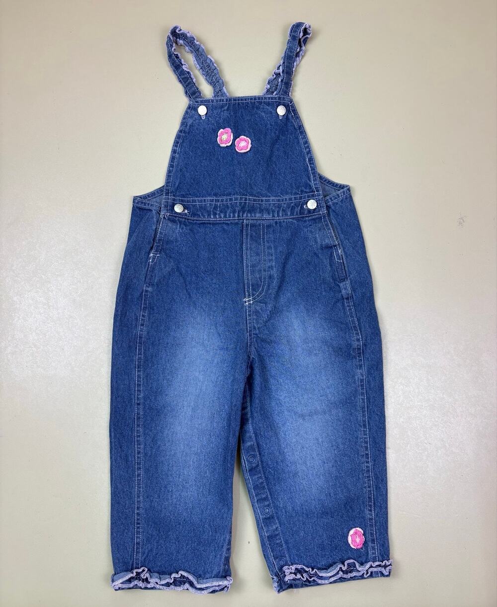 Vintage BT Kids Girls 24M Denim Overalls Crochet Flowers Ruffle Snap Leg